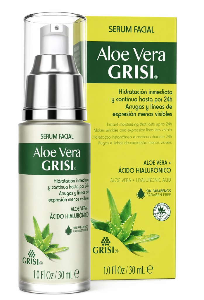Sérum facial Aloe Vera con caja color lima y frasco con dosificador