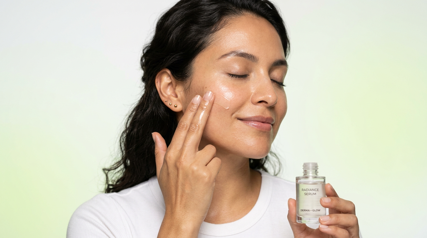 Modelo aplicando sérum en el rostro