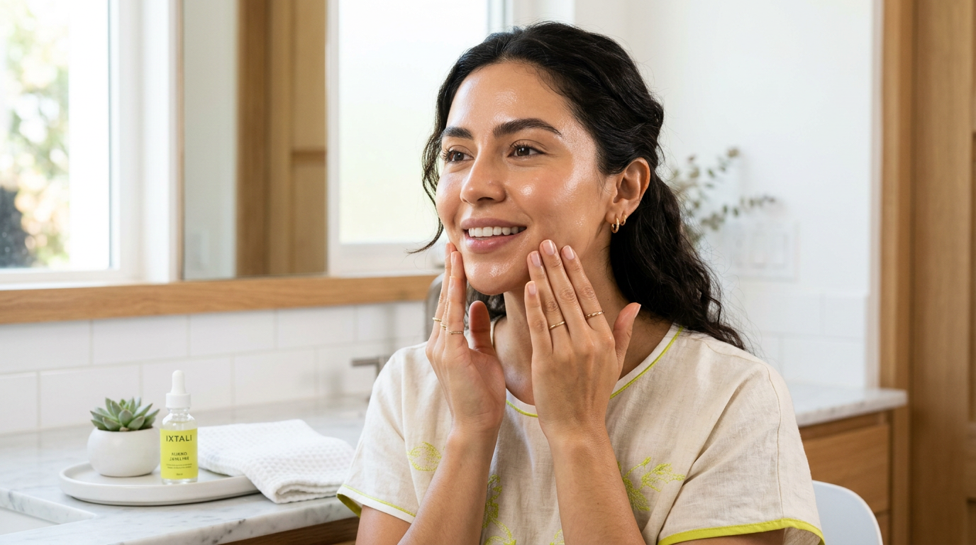 Modelo aplicando en rostro y mandíbula