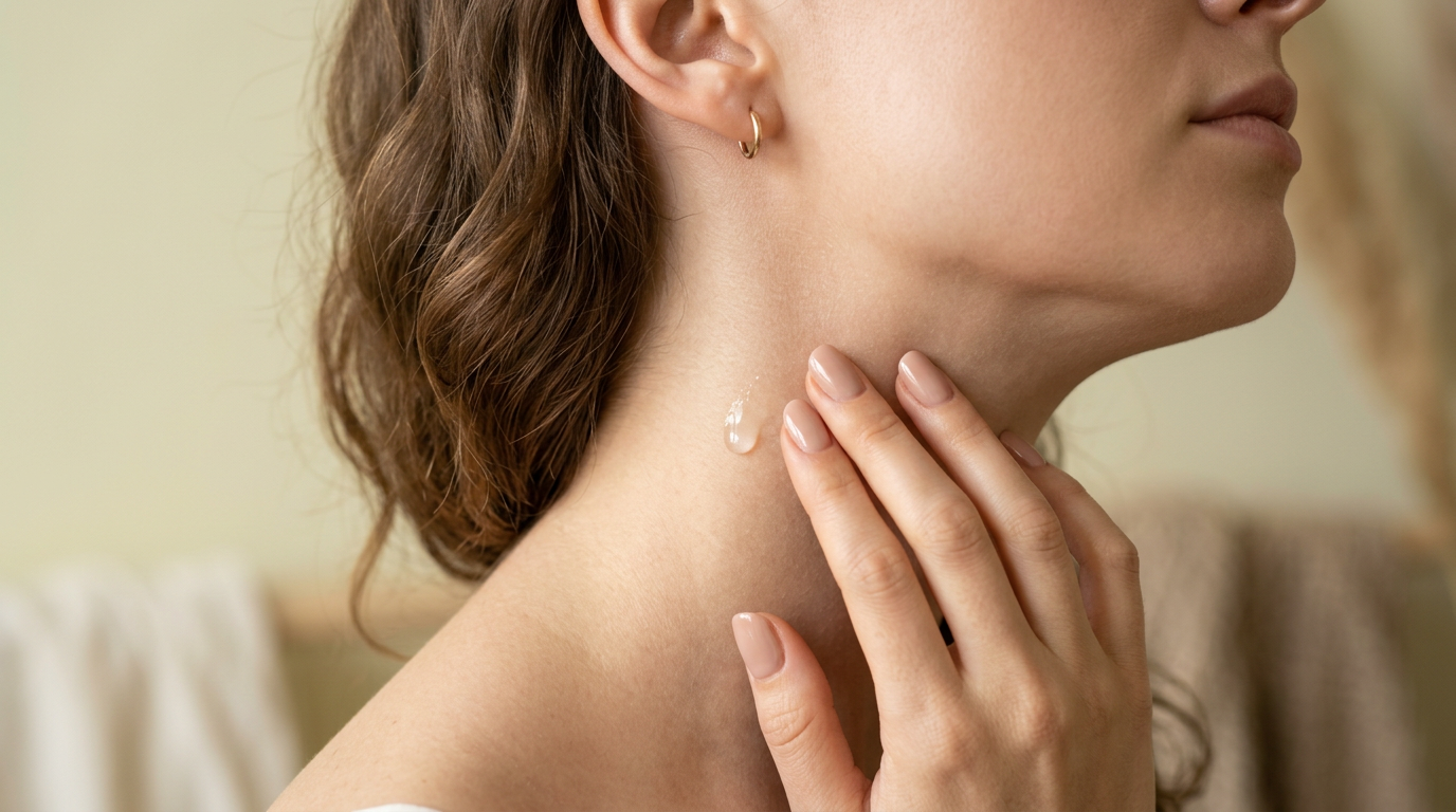 Manos aplicando sérum en el cuello